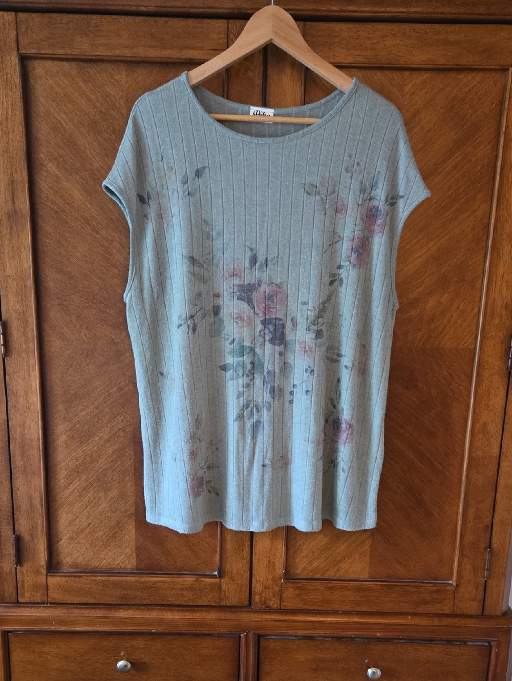 Pulse Light Sage Floral Ribbed Short Sleeve Top